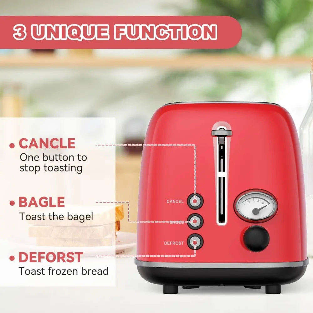 Toaster 2 slice,with 6 Settings, 1.5 In Extra Wide Slots, Bagel/Defrost/Cancel Function, Removable Crumb Tray (Red)