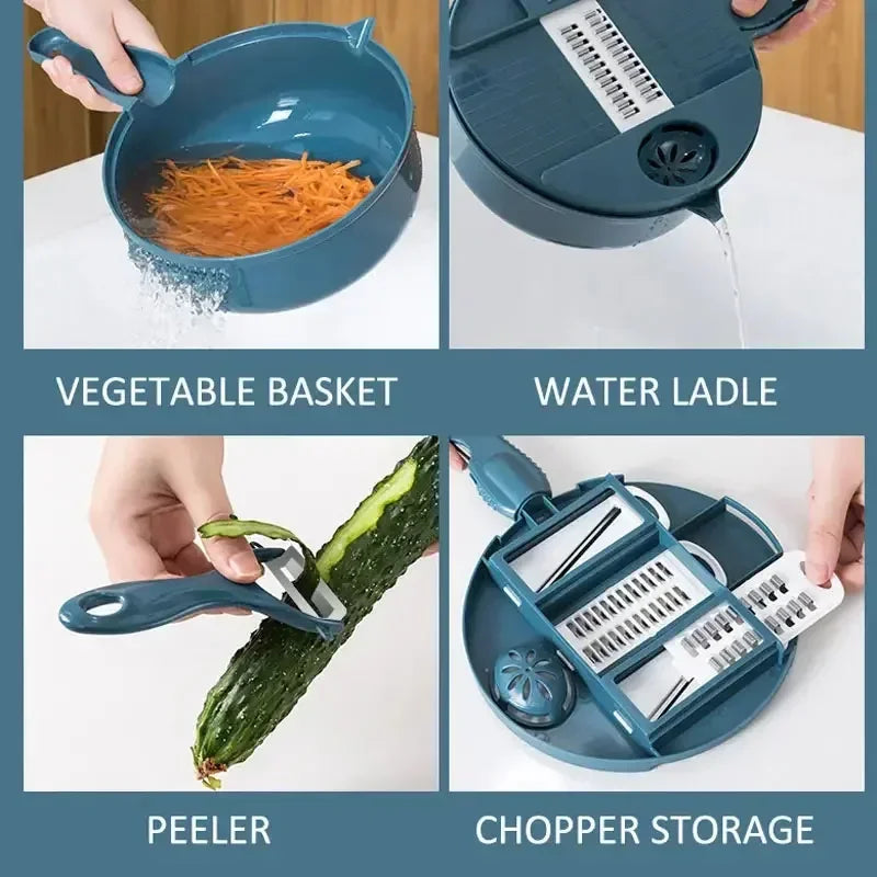 12 in 1 Multi-functional Vegetable Chopper Carrots Potatoes Manually Cut Shred Slicer Radish Grater with Container Kitchen Tools