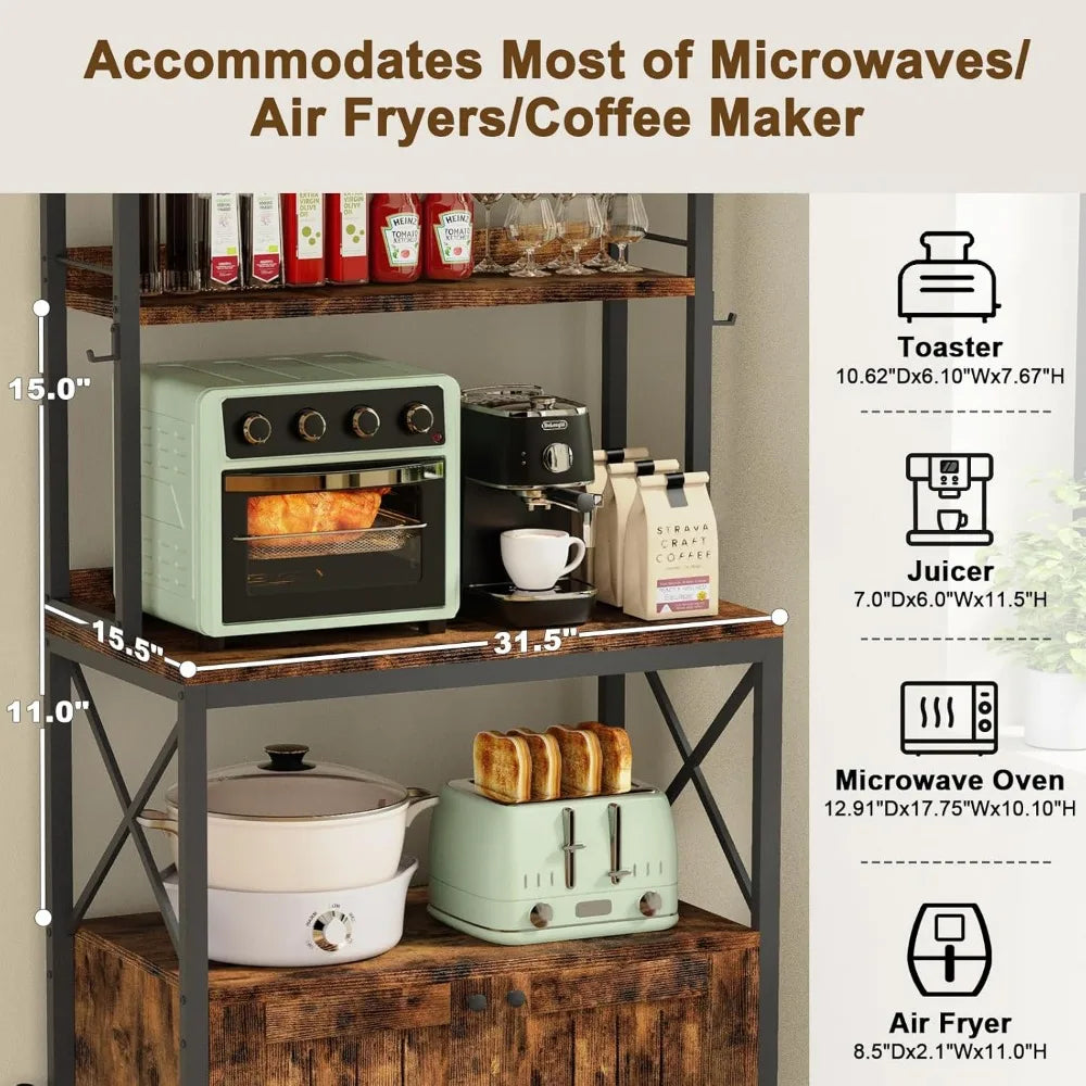 Kitchen Bakers Rack with Power Outlet, 6-Tier Microwave Stand with Storage Cabinet, Kitchen Coffee Bar Cabinet with Storage