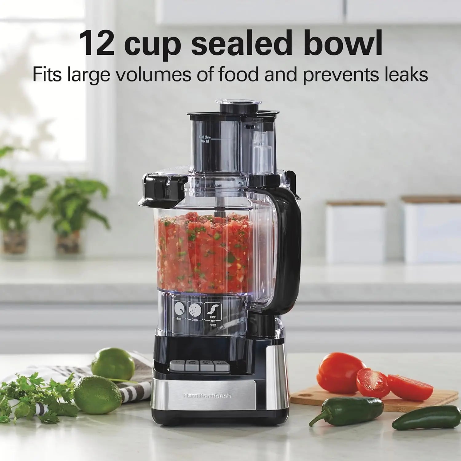 Food Processor and Vegetable Chopper, BPA Free, Stainless Steel Blades, 12 Cup Bowl, 2-Speed 450 Watt Motor, Black (70725A)