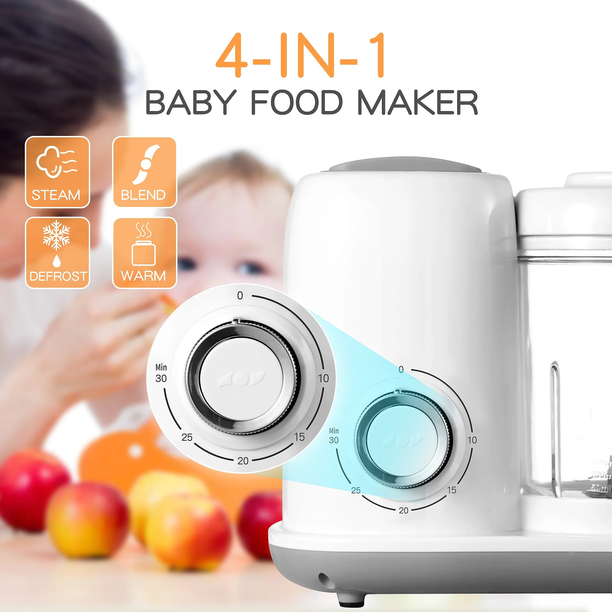 Baby Food Maker, 4 in 1 Baby Food Processor and Steamer, Puree Blender, Multifunctional Baby Puree Maker, Dishwasher Safe White
